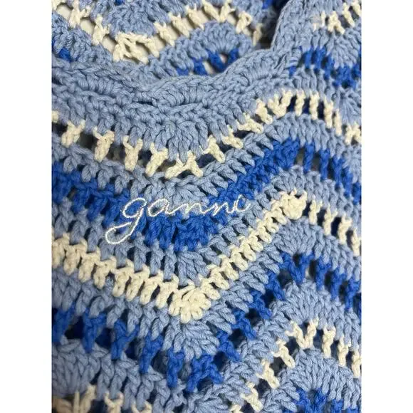 NEW Ganni Cotton Crochet Light Blue and White Short Sleeve Mini Dress Sz: Medium